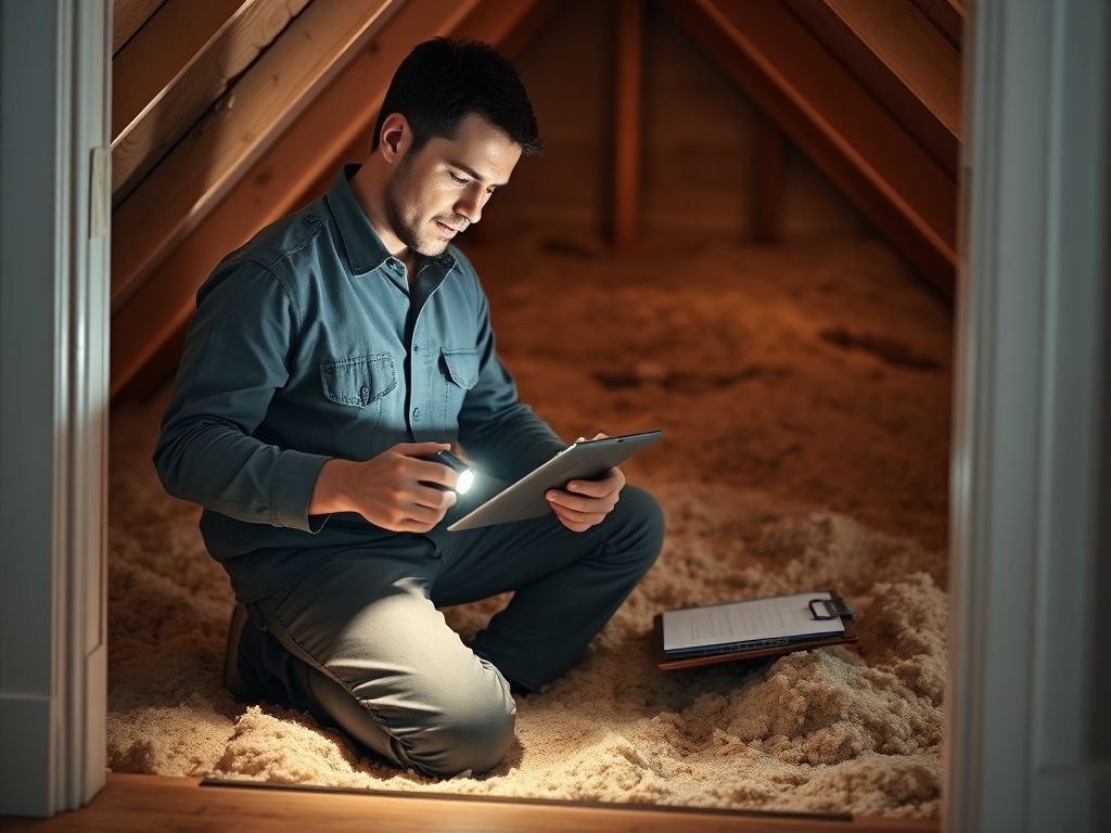 Technician inspecting attic insulation with a flashlight and clipboard