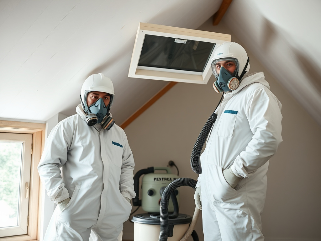 Two technicians in protective coveralls and respirators beside an attic access hatch with vacuum equipment