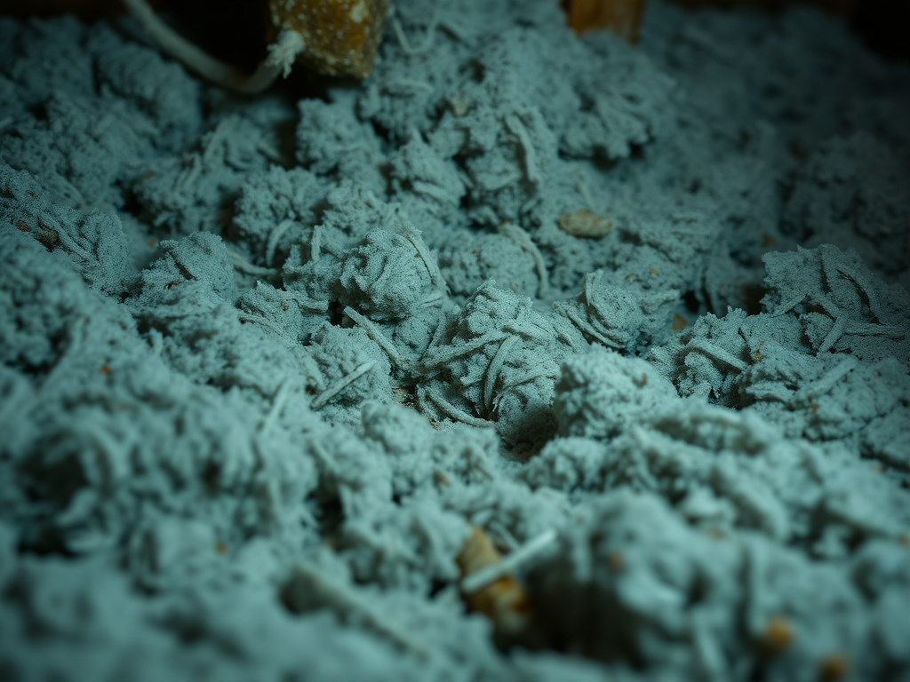 Close-up of rodent-contaminated attic insulation showing disturbed nesting trails