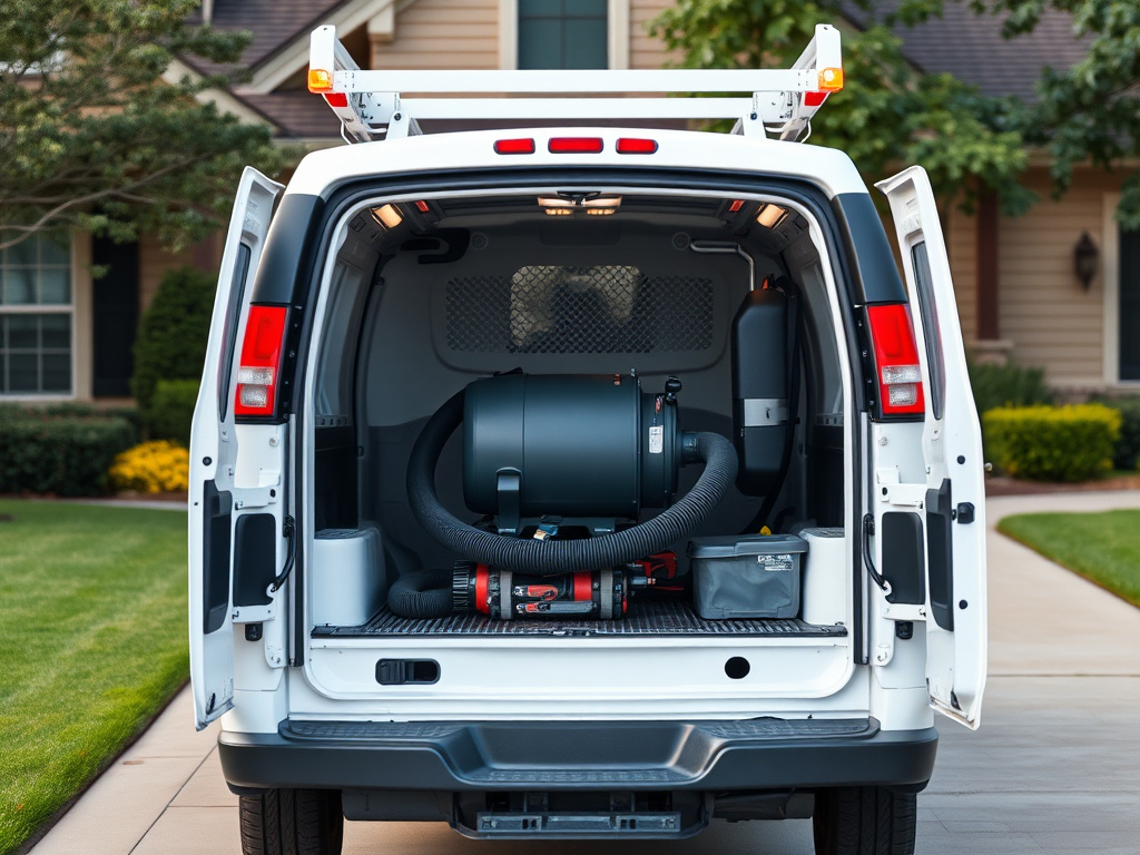 Unmarked work van with equipment loaded, parked at a suburban home